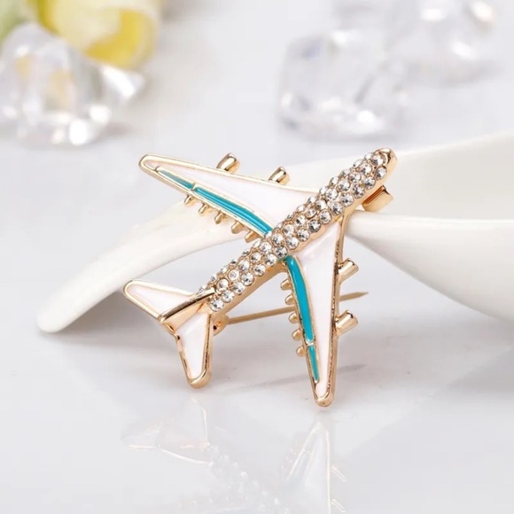 **LULEE* White x Blue Rhinestone Fashion Airplane Brooch - Picture 2 of 6